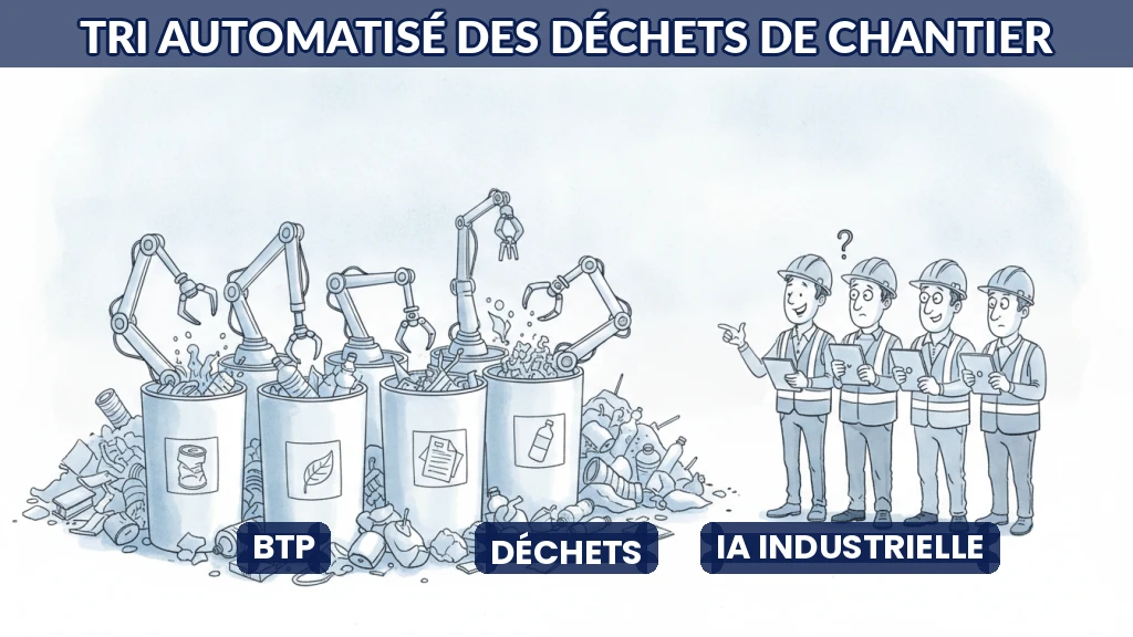 Illustration d'un chantier avec robots triant des déchets par intelligence artificielle.