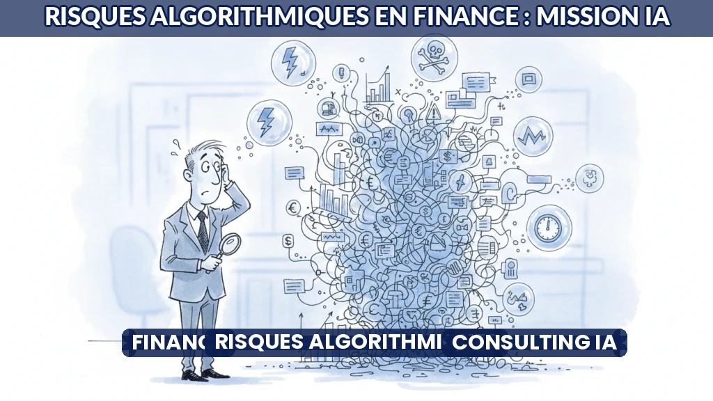 Illustration d'un consultant analysant des flux de données financières avec des alertes de risques algorithmiques.