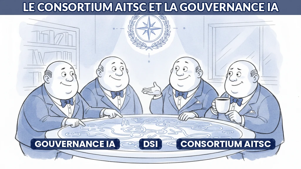 Illustration d'un consortium technologique guidant des DSI vers une gouvernance IA sécurisée.