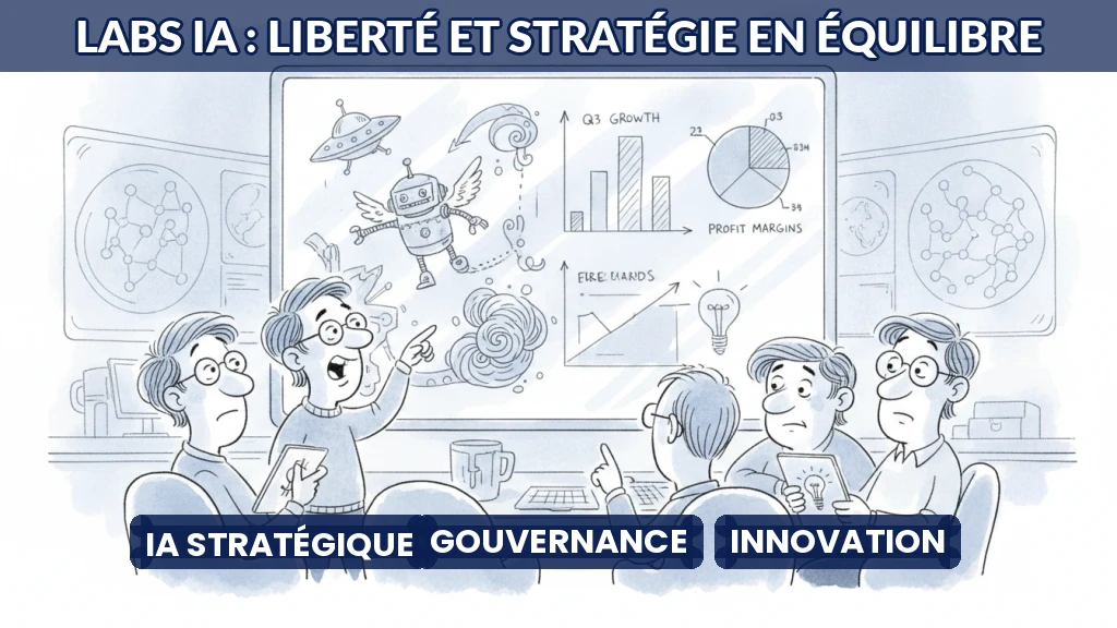 Illustration d'un laboratoire d'IA avec des équipes collaborant autour d'un tableau stratégique.