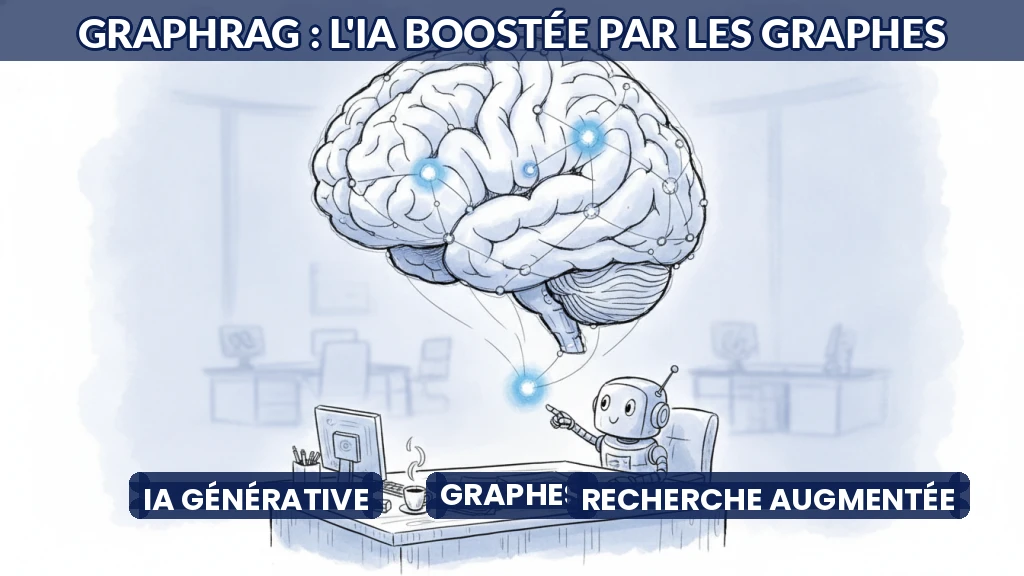 Illustration de nœuds et liens formant un graphe de connaissances connecté à un système d'IA.