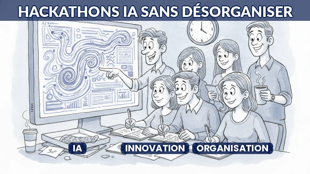 Illustration d'une équipe en hackathon IA, collaborant autour d'un écran avec des données et des algorithmes.