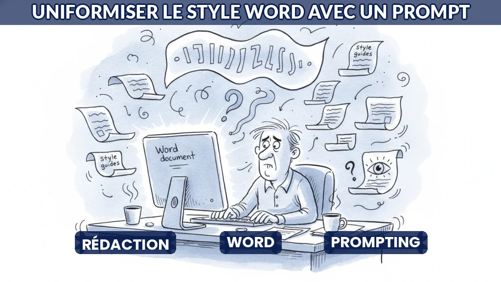 Illustration d'un document Word stylisé avec des éléments d'IA.