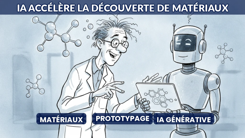 Illustration de molécules et d'algorithmes collaborant pour concevoir un prototype industriel.