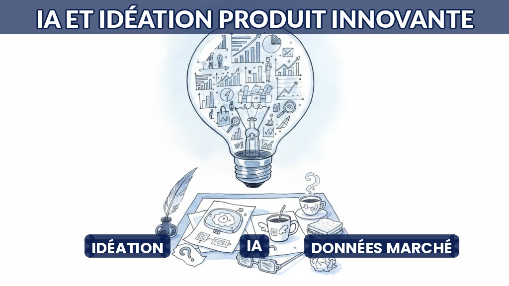 Illustration d'un cerveau numérique analysant des données marché pour inspirer des idées produits.