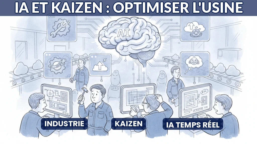 Illustration d'une usine moderne où des flux de données alimentent un système d'IA pour optimiser les processus.