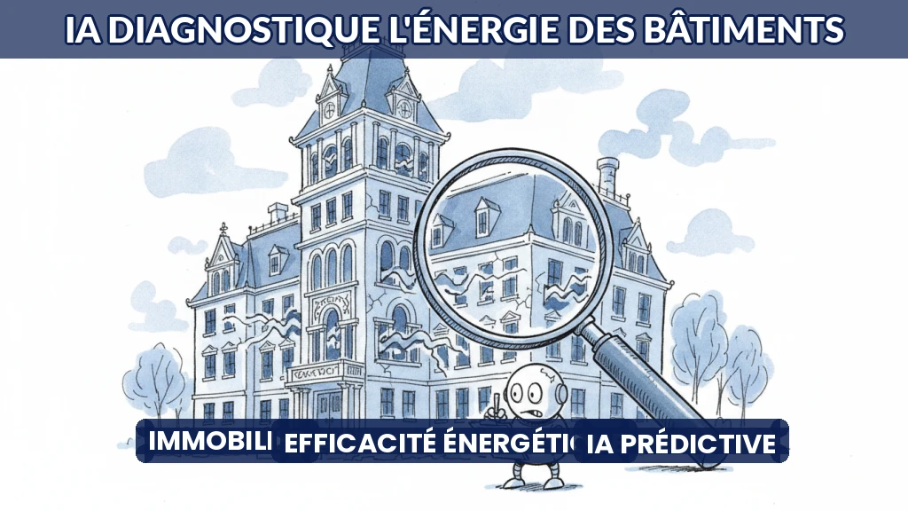 Illustration d'un bâtiment analysé par une intelligence artificielle pour son efficacité énergétique.