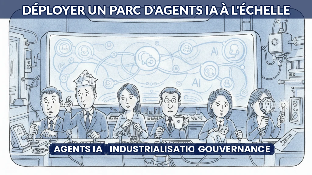 Illustration d'une équipe supervisant un réseau d'agents IA interconnectés.