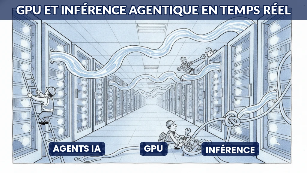Illustration de serveurs GPU traitant des flux de données en temps réel.