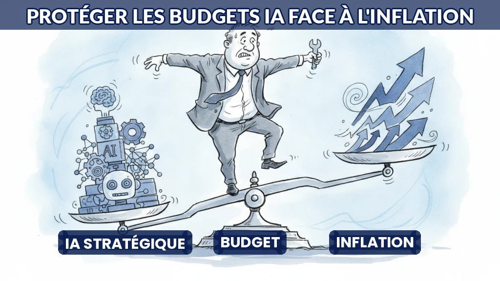 Illustration d'un dirigeante ajustant un budget IA sous pression inflationniste.