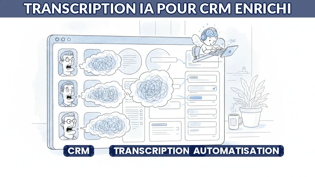 Illustration d'un CRM connecté à un outil de transcription IA pour enrichir les fiches contact.