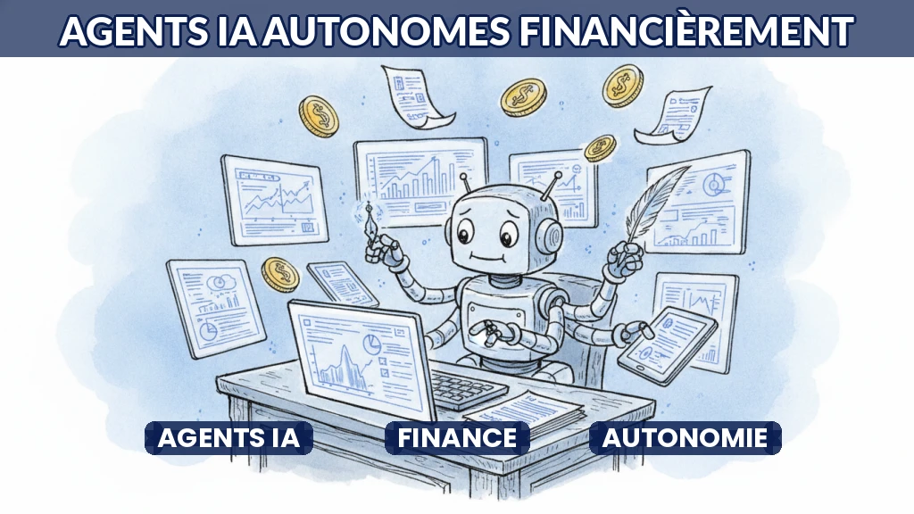 Illustration d'agents IA gérant des flux financiers de manière autonome.