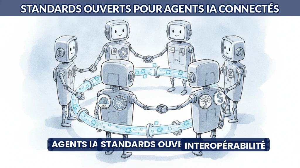 Illustration de réseaux d'agents IA connectés par des standards ouverts.