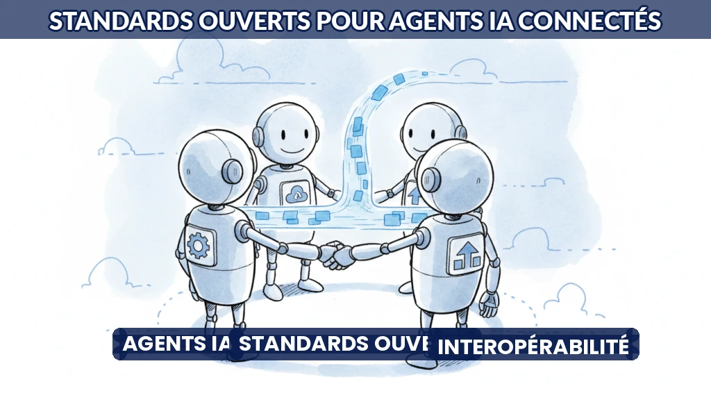 Illustration de réseaux d'agents IA connectés par des standards ouverts.