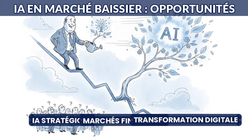 Illustration d'une balance équilibrant des puces IA et des graphiques financiers en baisse.