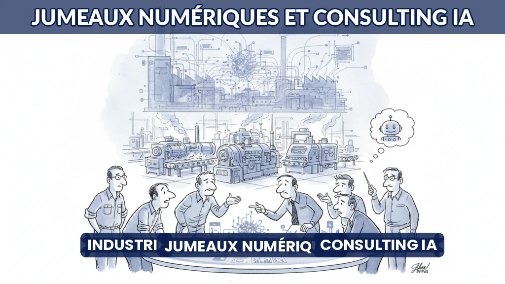 Illustration d'une usine connectée avec un jumeau numérique en transparence