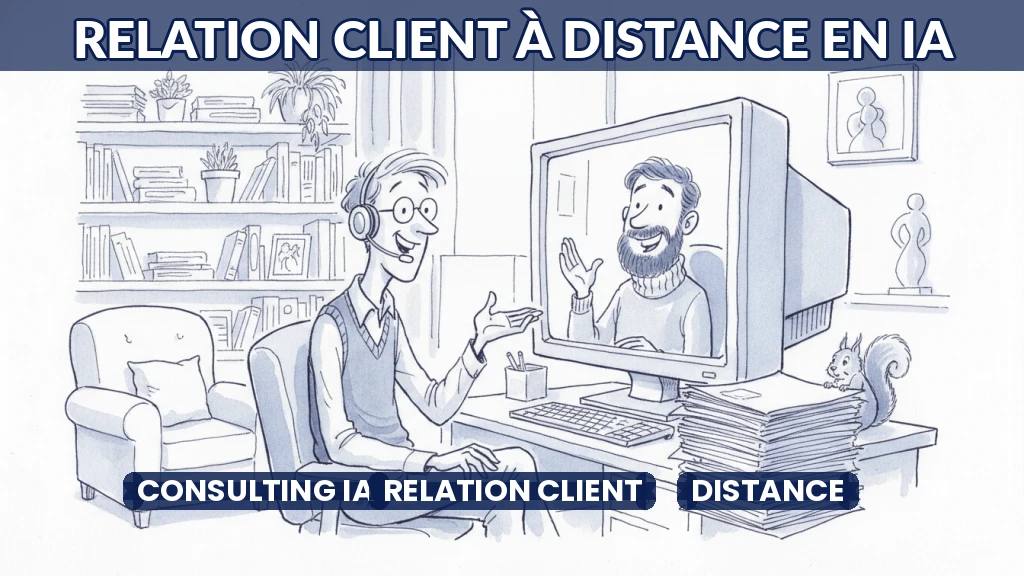 Consultant en IA échangeant à distance avec un client via un écran, illustration douce et professionnelle.