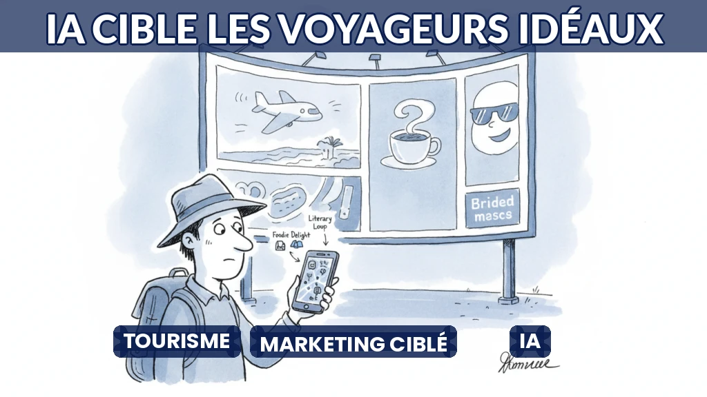 Illustration d'un voyageur recevant des recommandations touristiques personnalisées via une application mobile.
