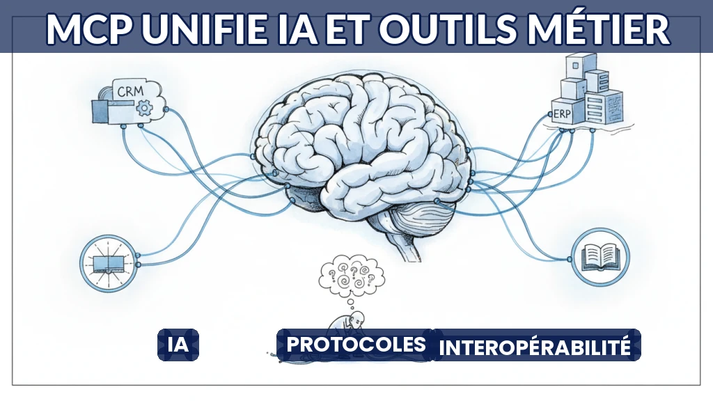 Illustration d'un réseau reliant une IA à des outils métier via le protocole MCP.