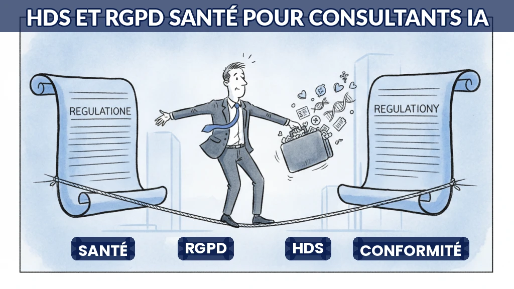 Illustration d'un consultant analysant des documents réglementaires HDS et RGPD santé.