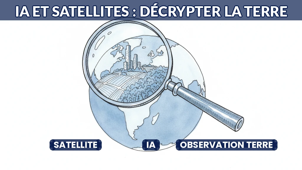 Satellite survolant la Terre avec analyse d'images par IA