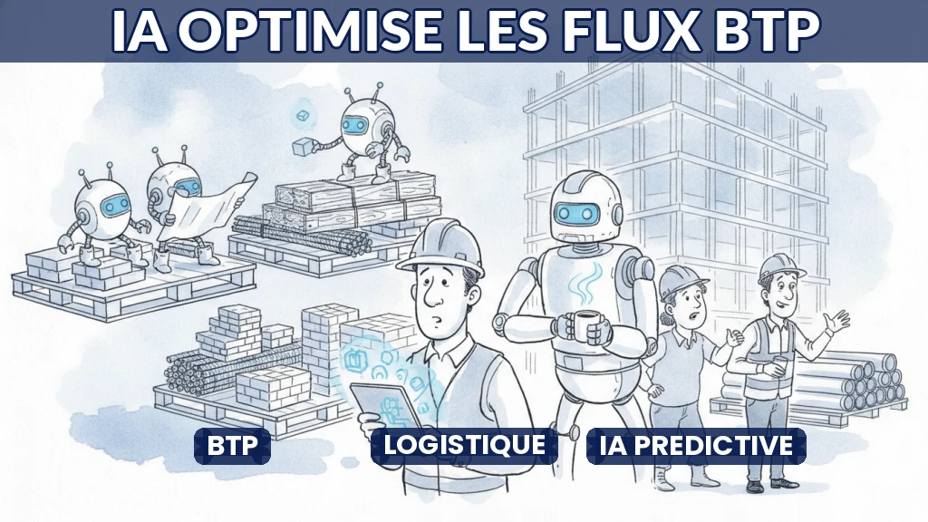 Illustration d'un chantier avec flux logistiques optimisés par IA.