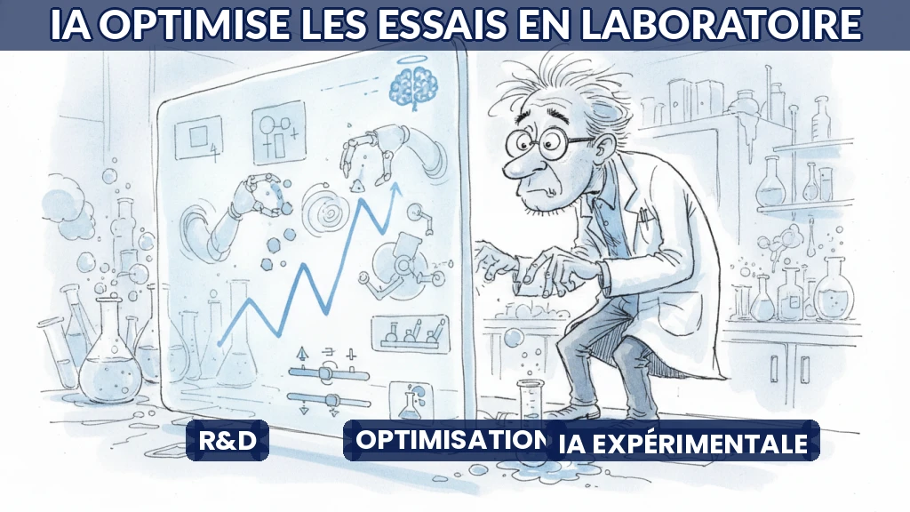 Illustration d'un laboratoire où des algorithmes d'IA ajustent des paramètres expérimentaux sur un écran.