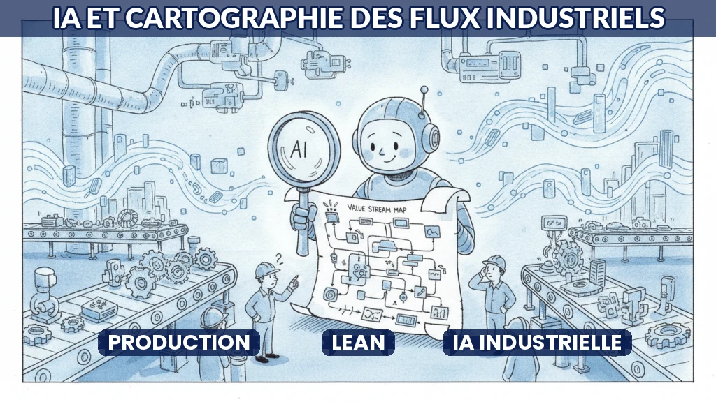 Illustration d'une cartographie de flux de production assistée par intelligence artificielle.