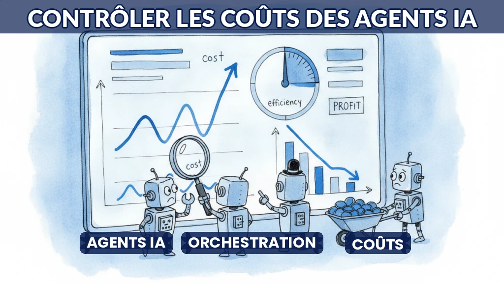 Illustration de plusieurs agents IA travaillant ensemble avec un tableau de bord financier en arrière-plan.