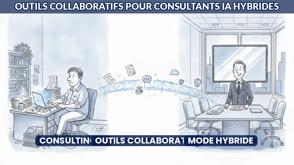 Illustration d'outils collaboratifs pour consultants en IA en mode hybride.