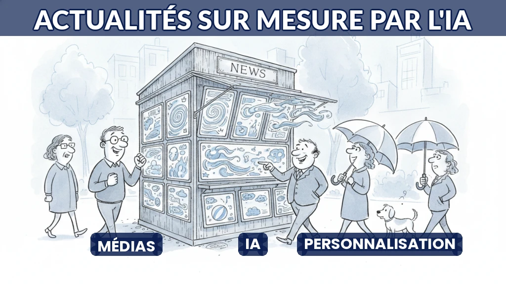 Illustration d'un fil d'actualités personnalisé par l'IA, style dessin éditorial.
