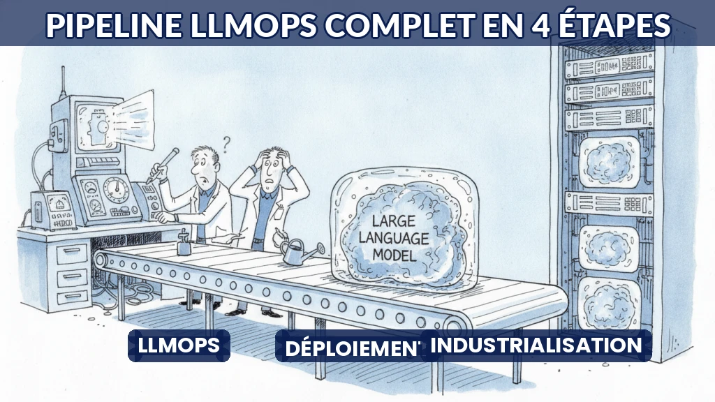 Pipeline LLMOps illustrant les étapes de l'expérimentation au déploiement.