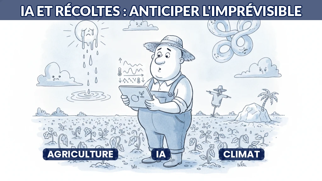 Agriculteur utilisant une tablette dans un champ sous un ciel changeant, symbolisant l'IA et le climat.