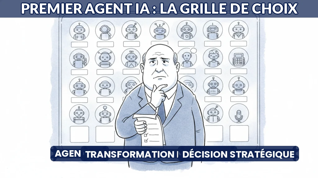 Illustration d'un dirigeant choisissant un agent IA sur un tableau de bord numérique.