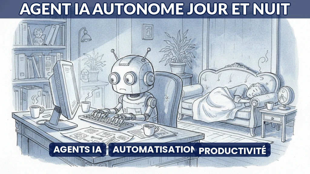 Illustration d'un agent IA travaillant sur un écran la nuit