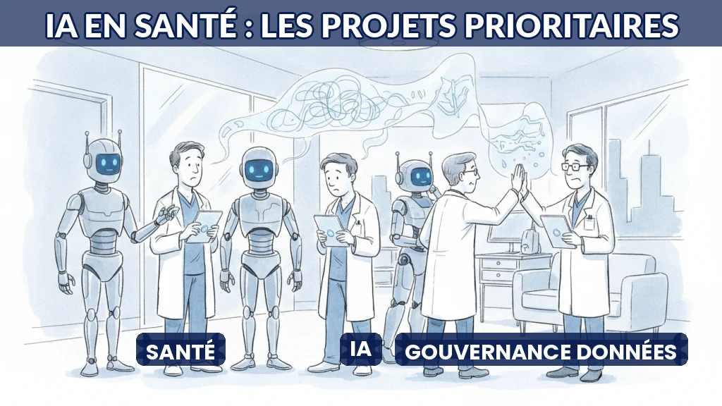 Illustration d'un hôpital utilisant l'intelligence artificielle pour analyser des données médicales.