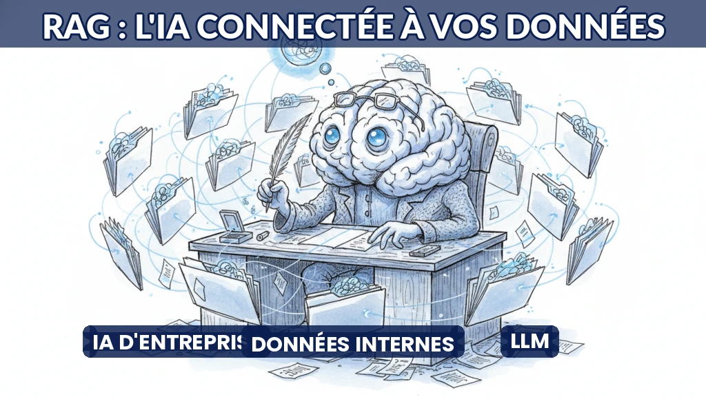 Illustration d'un réseau de documents reliés à un modèle d'IA.