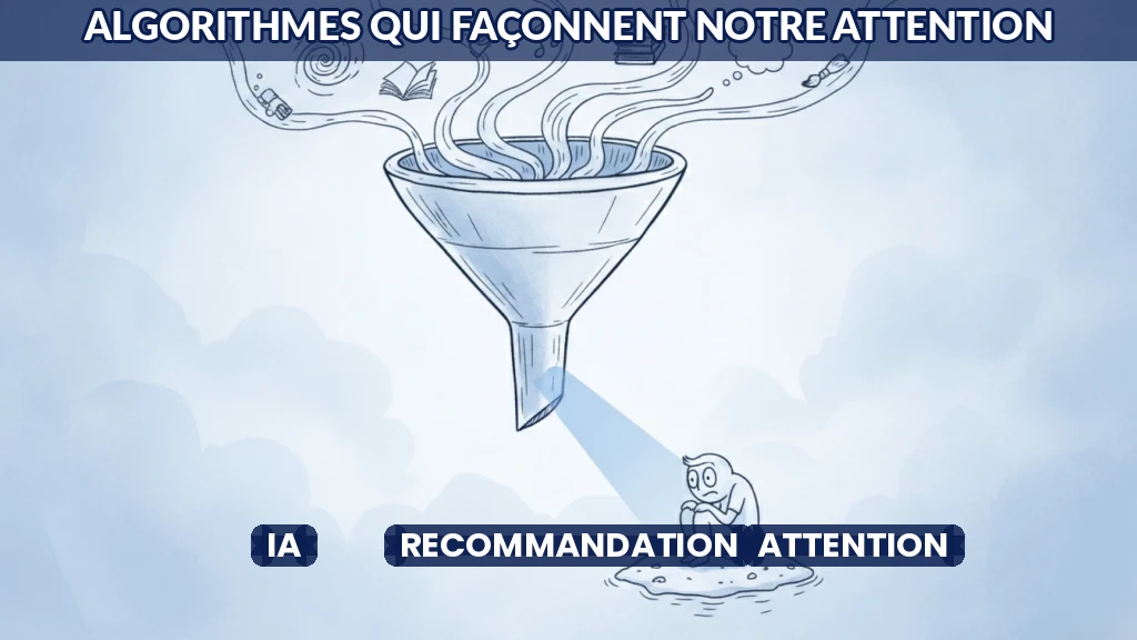 Illustration d'un algorithme analysant des flux de contenus pour capter l'attention.