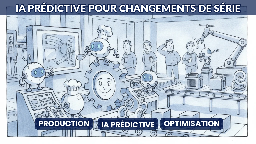 Illustration d'une usine où des robots ajustent des machines en temps réel.