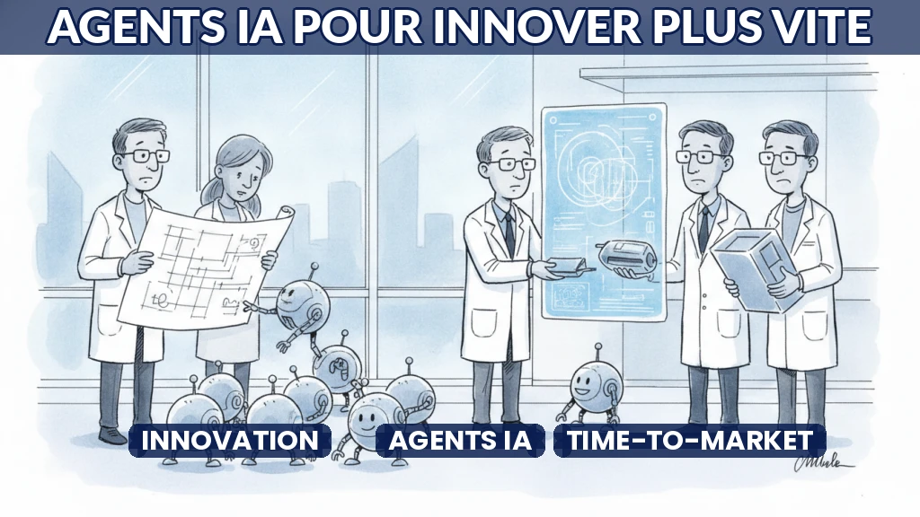 Illustration d'agents IA collaborant avec des équipes pour accélérer l'innovation.