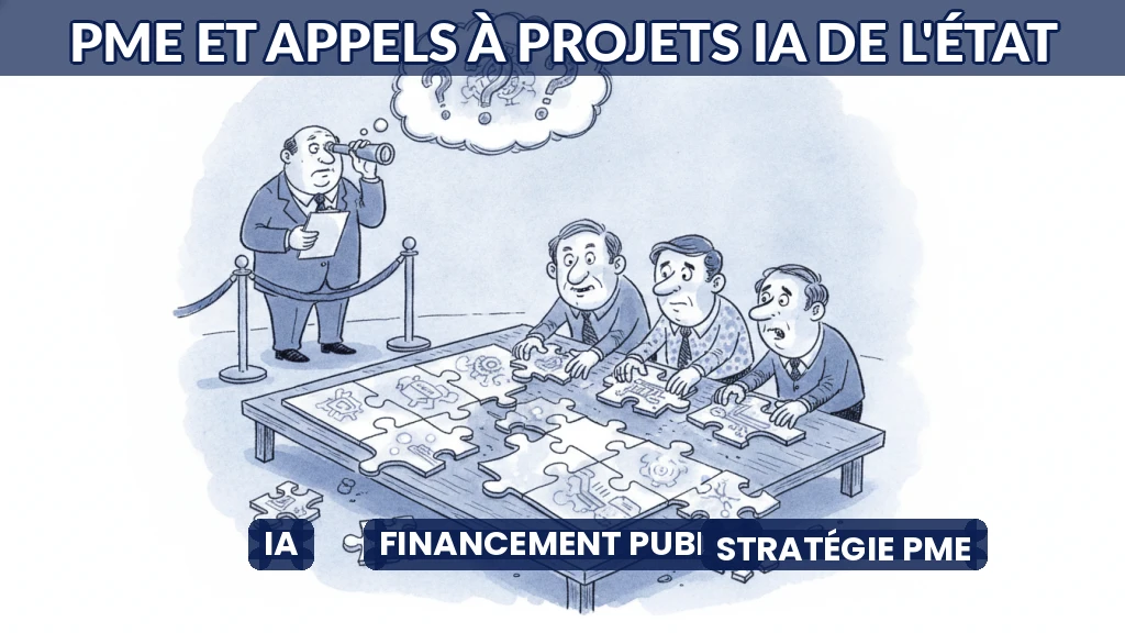 Illustration d'une PME construisant un dossier pour un appel à projets IA.