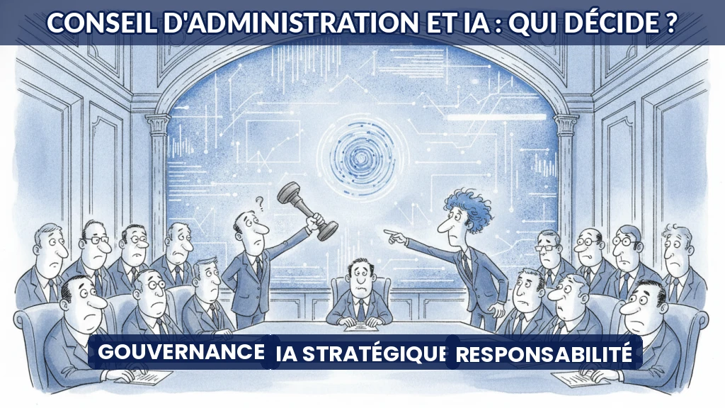 Illustration d'un conseil d'administration examinant des données générées par IA.