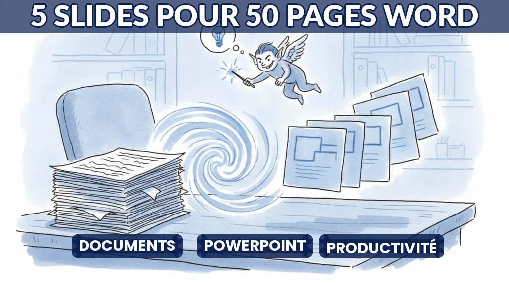 Illustration d'un document Word épais transformé en cinq slides PowerPoint claires.