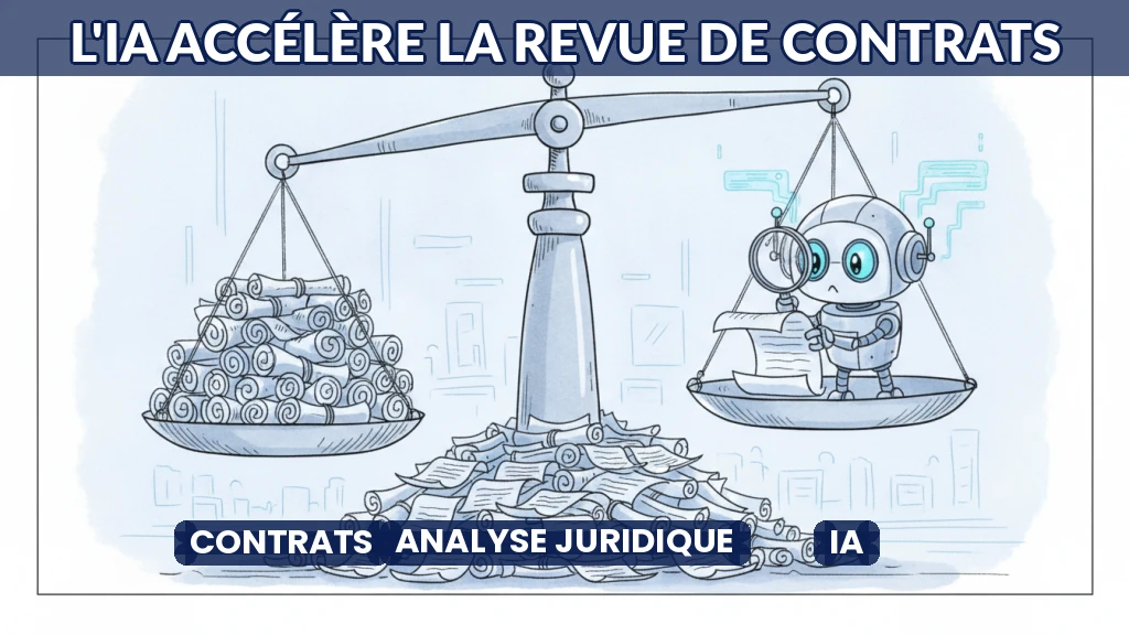 Illustration d'une balance juridique entourée de documents analysés par une intelligence artificielle.