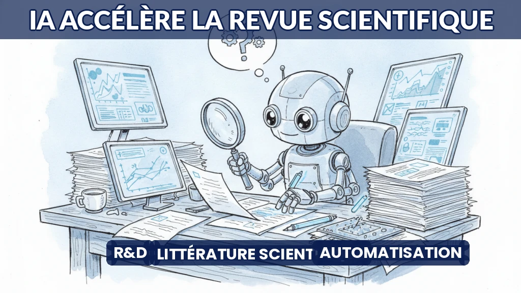 Illustration d'un robot analysant des articles scientifiques sur un écran transparent.