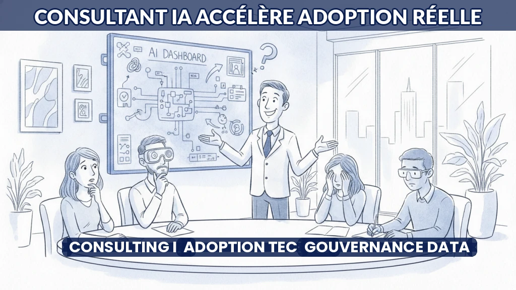 Consultant expliquant une solution IA à une équipe en réunion.