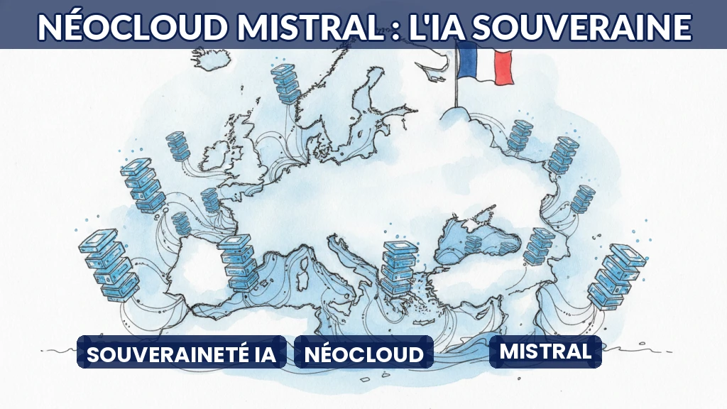 Illustration d'un nuage numérique aux couleurs françaises et européennes.