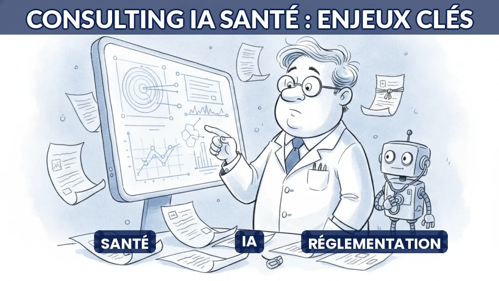 Consultant analysant des données de santé avec une loupe et un écran d'IA.