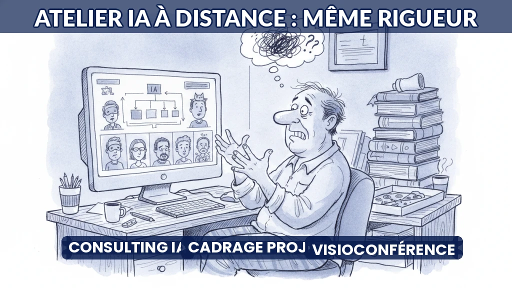 Consultant en IA animant un atelier de cadrage à distance sur écran partagé.