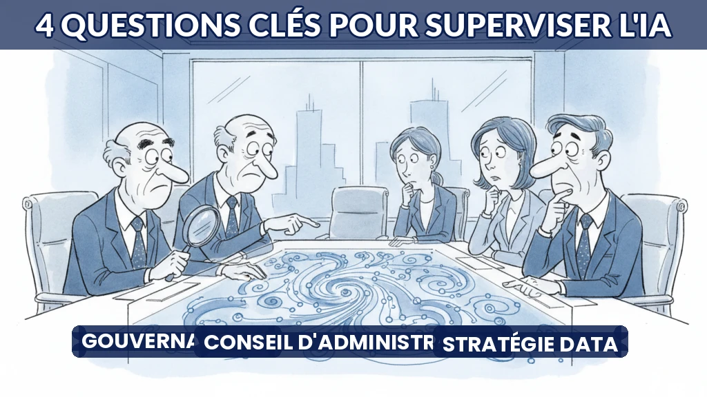 Illustration d'un conseil d'administration interrogeant des données IA